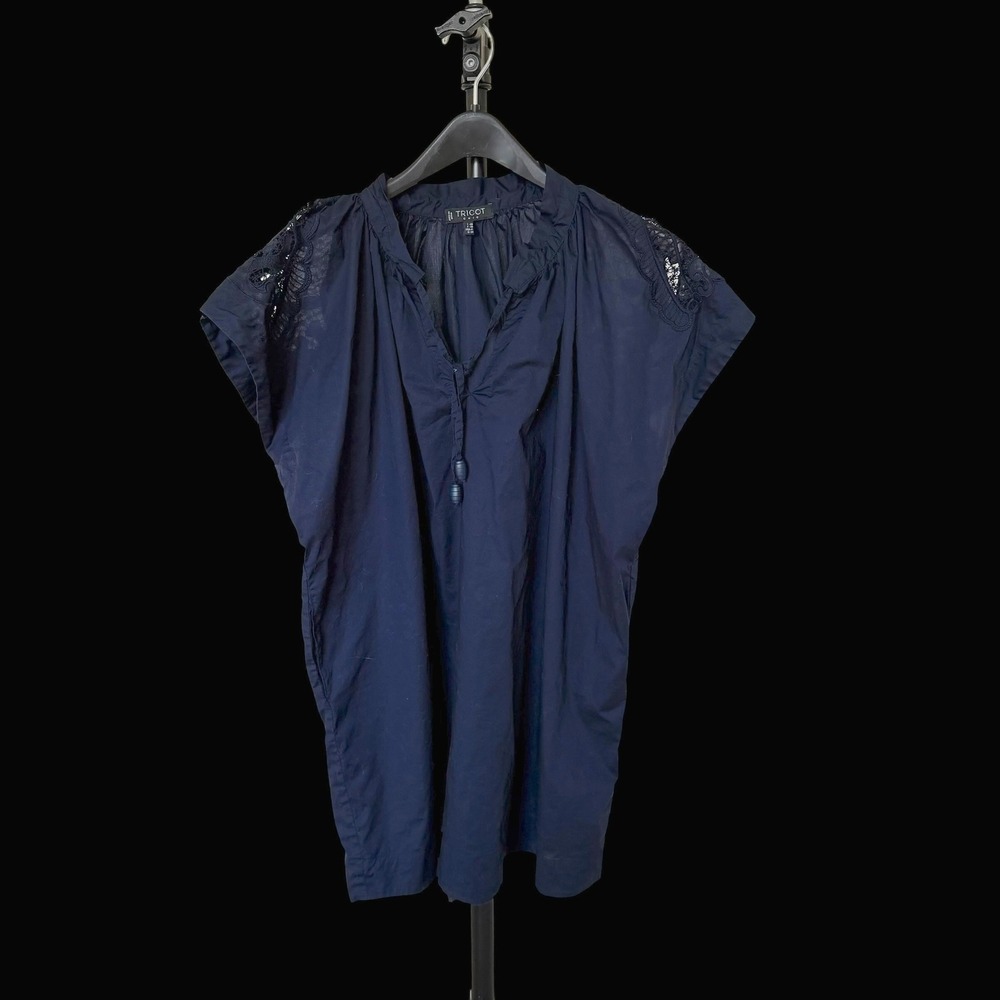 Tricot Chic Italy Navy Blue Cotton Lace Shoulder Ruffle‎ Neck Blouse Top USA 4